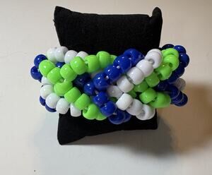 Pony Bead Kandi Fishtail Cuff Bracelet –Royal Blue, Green & White –Rave Bracelet